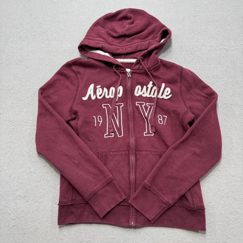 Aeropostale Hoodie Women's Small Burgundy Fleece Lined Full Zip Athletic Varsity